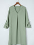 Flowy Green V-Neck Casual Dress with Roll-Tab Sleeves