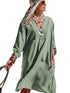 Flowy Green V-Neck Casual Dress with Roll-Tab Sleeves