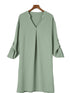 Flowy Green V-Neck Casual Dress with Roll-Tab Sleeves