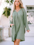 Flowy Green V-Neck Casual Dress with Roll-Tab Sleeves