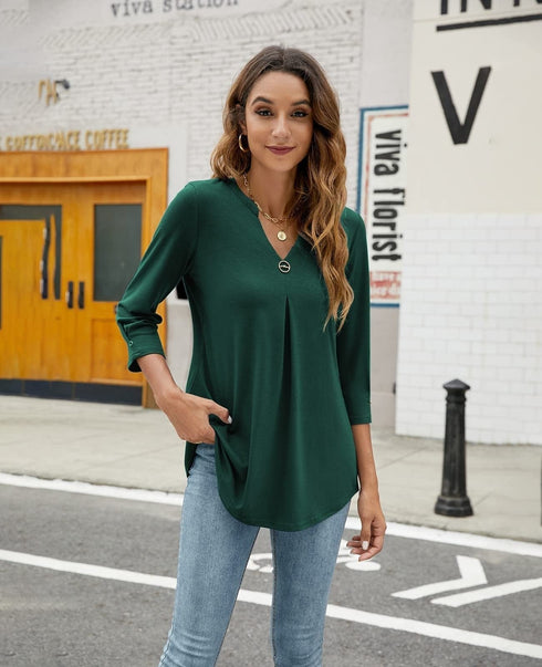 womens-blouses-v-neck-mid-sleeve-casual-loose-blouse