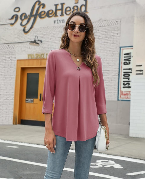 womens-blouses-v-neck-mid-sleeve-casual-loose-blouse