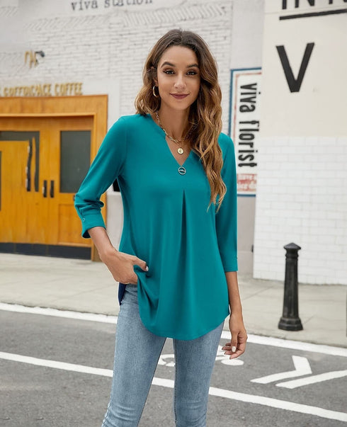 womens-blouses-v-neck-mid-sleeve-casual-loose-blouse