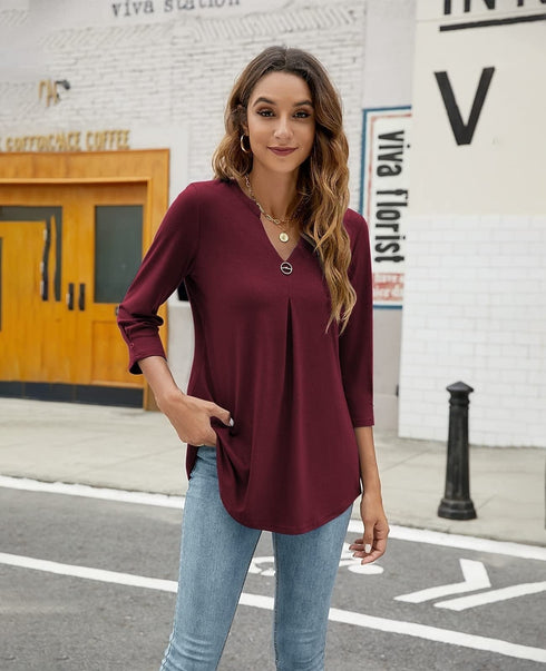 womens-blouses-v-neck-mid-sleeve-casual-loose-blouse