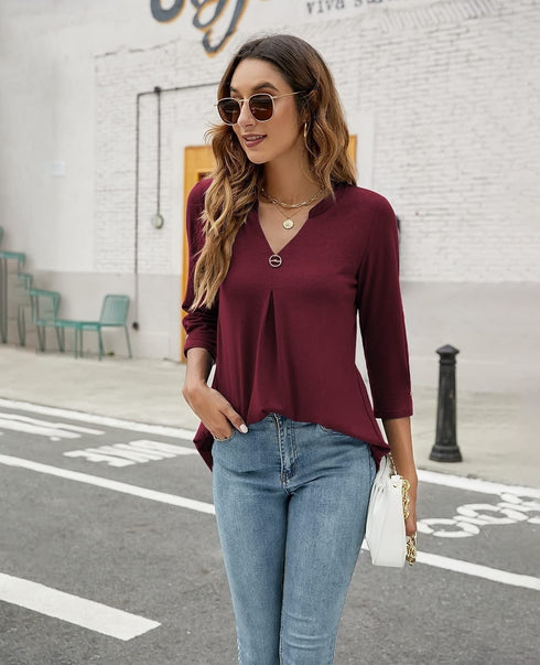 womens-blouses-v-neck-mid-sleeve-casual-loose-blouse