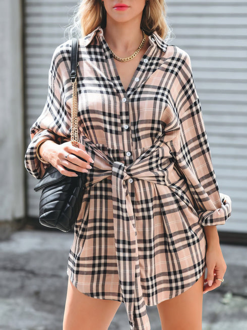 womens-dresses-check-print-buttons-lace-up-shirt-dress