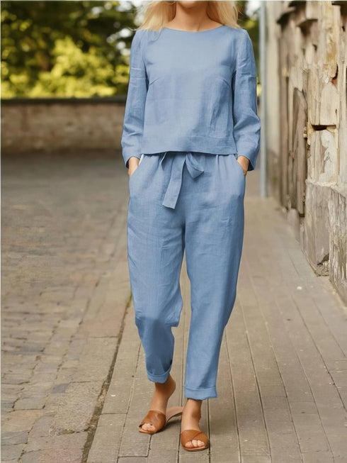 womens-sets-solid-long-sleeve-top-belted-pocket-trousers-two-piece-suit