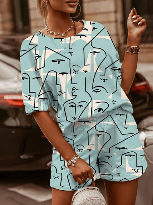two-piece-printed-round-neck-short-sleeve-t-shirt-shorts