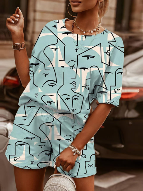 two-piece-printed-round-neck-short-sleeve-t-shirt-shorts