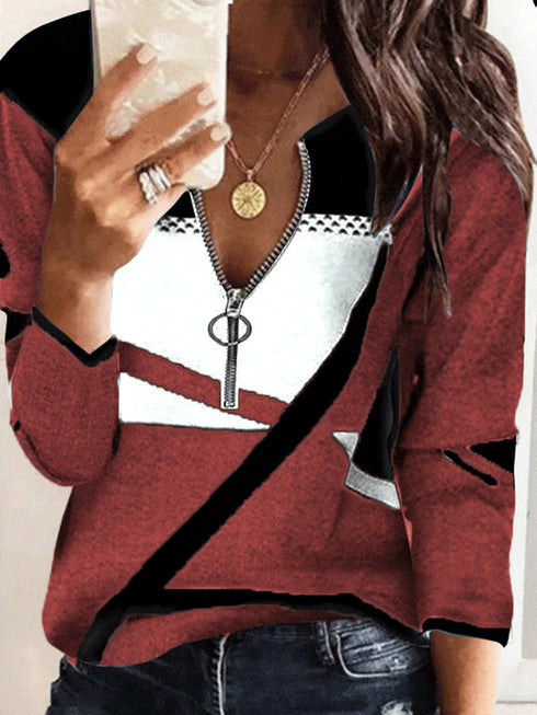 zip-up-v-neck-striped-sweater