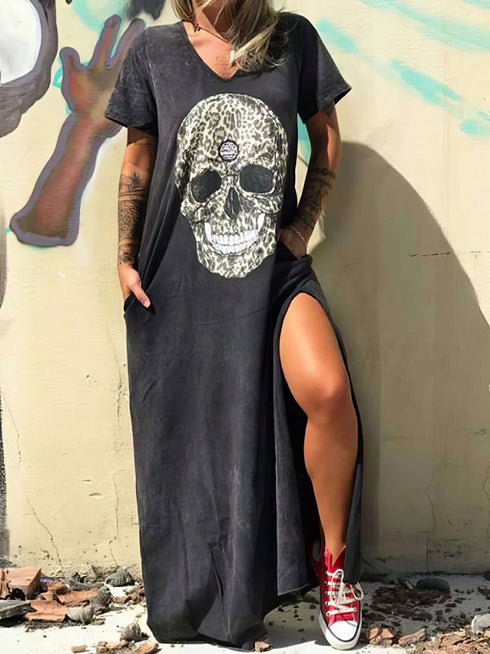 v-neck-short-sleeved-skull-print-slit-t-shirt-dress