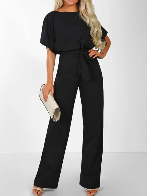 solid-lace-up-short-sleeved-womens-jumpsuit