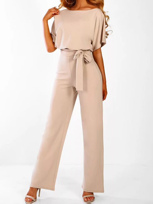 solid-lace-up-short-sleeved-womens-jumpsuit