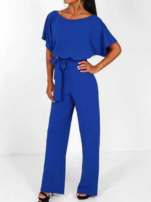solid-lace-up-short-sleeved-womens-jumpsuit
