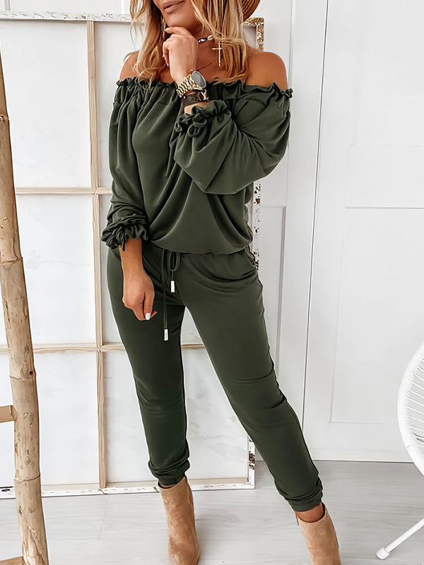 off-shoulder-long-sleeve-drawstring-frill-hem-jumpsuit