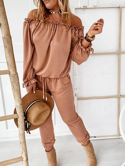 off-shoulder-long-sleeve-drawstring-frill-hem-jumpsuit