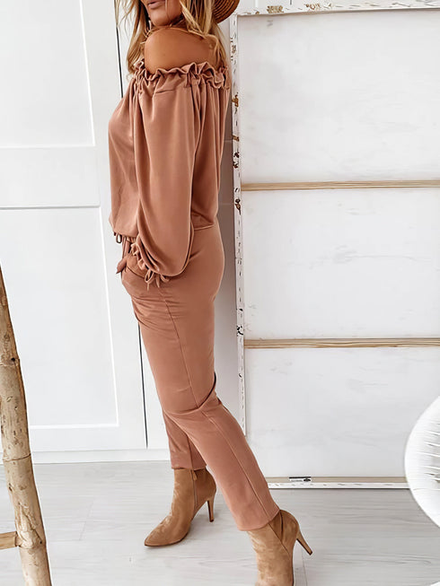 off-shoulder-long-sleeve-drawstring-frill-hem-jumpsuit