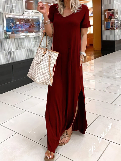 v-neck-short-sleeve-casual-pocket-dress