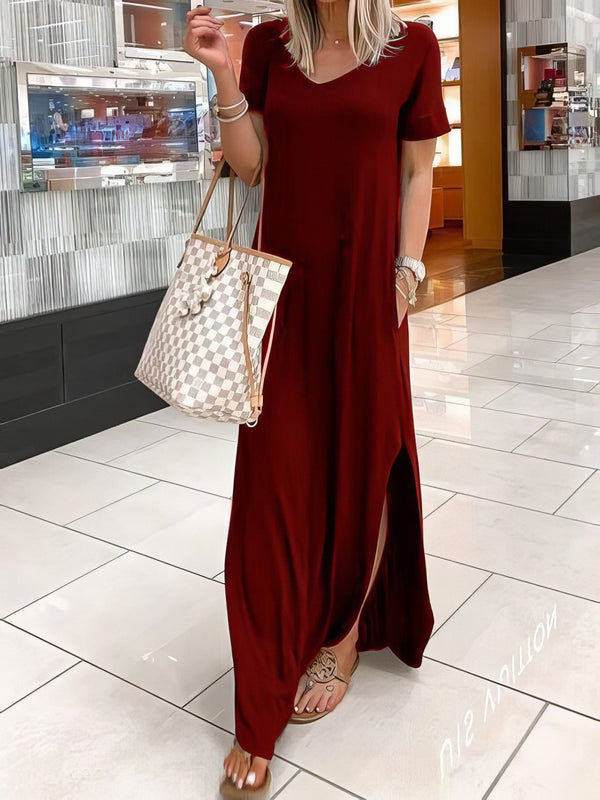 v-neck-short-sleeve-casual-pocket-dress