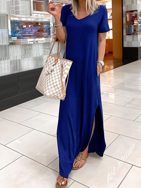 v-neck-short-sleeve-casual-pocket-dress