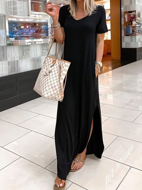 v-neck-short-sleeve-casual-pocket-dress