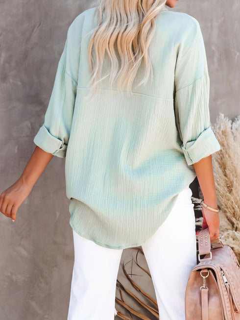 Simple Long Sleeve V-Neck Button Lapel Blouse