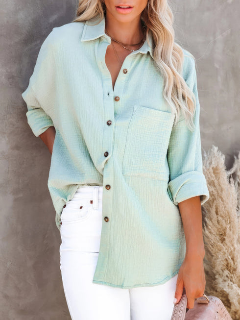 Simple Long Sleeve V-Neck Button Lapel Blouse