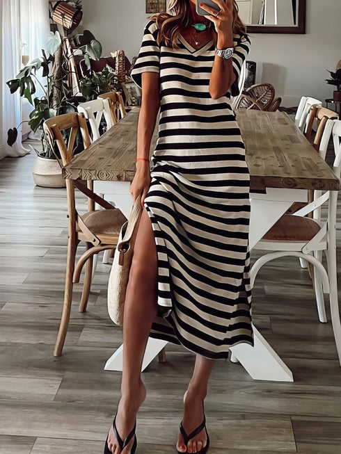 womens-dresses-striped-print-v-neck-short-sleeve-slit-dress