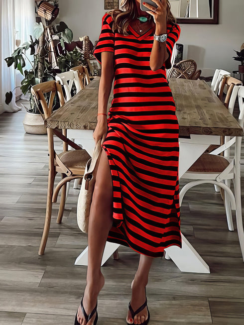 womens-dresses-striped-print-v-neck-short-sleeve-slit-dress