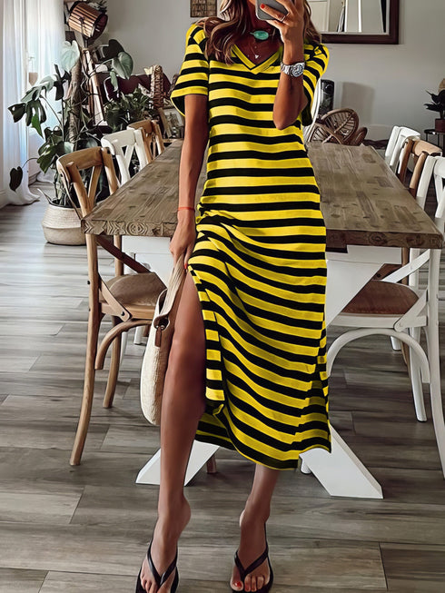 womens-dresses-striped-print-v-neck-short-sleeve-slit-dress