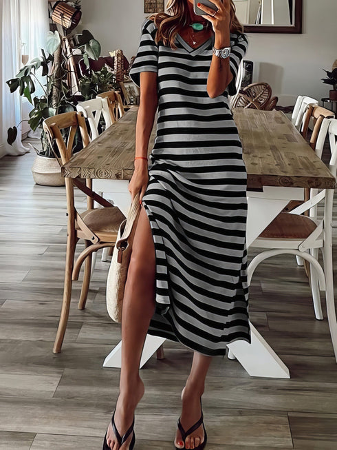 womens-dresses-striped-print-v-neck-short-sleeve-slit-dress