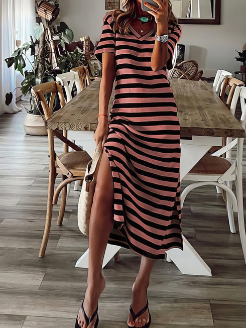 womens-dresses-striped-print-v-neck-short-sleeve-slit-dress