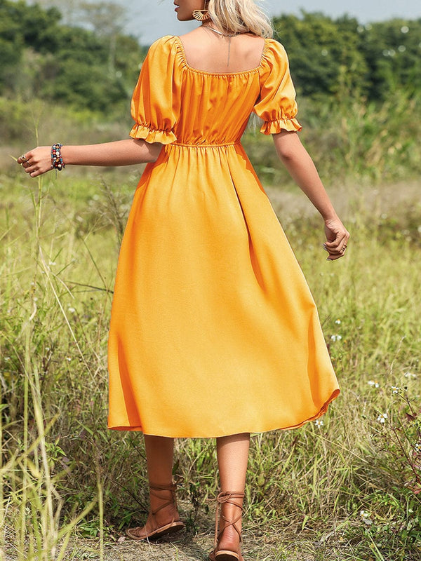 Stylish V Neck Elegant Solid Color For Versatile Puff Sleeve Midi Dress