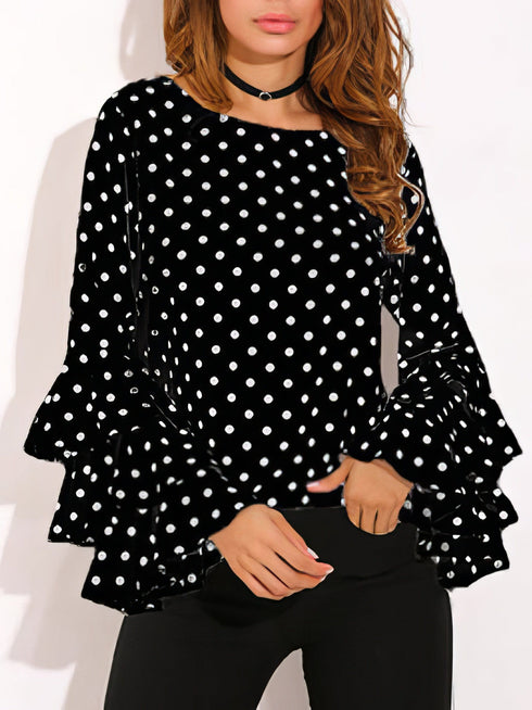 womens-blouses-dot-print-flared-sleeve-chiffon-blouse