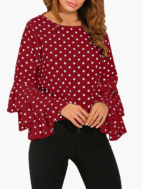 womens-blouses-dot-print-flared-sleeve-chiffon-blouse