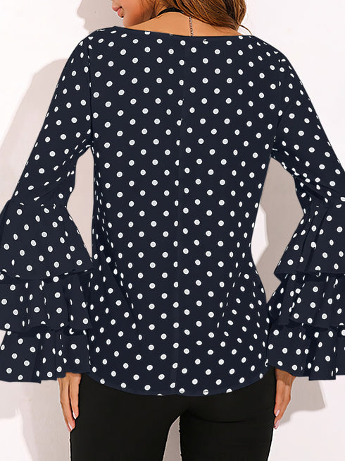 womens-blouses-dot-print-flared-sleeve-chiffon-blouse