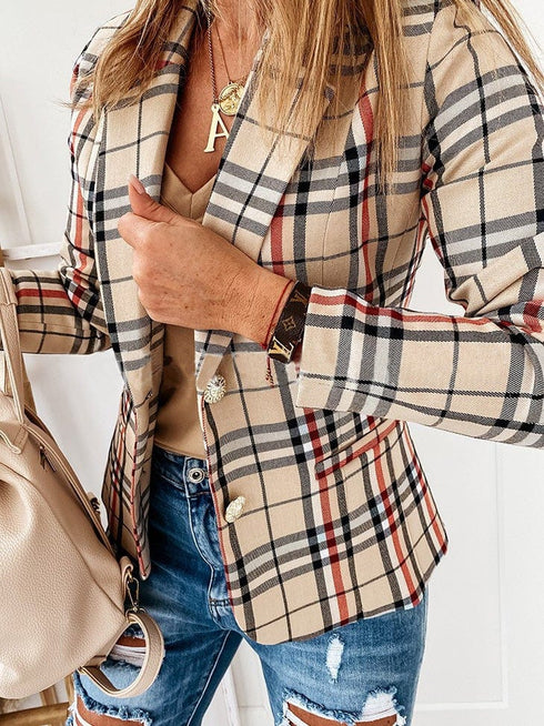 Ladies Plaid Lapel Slim Fit Blazer with Long Sleeves