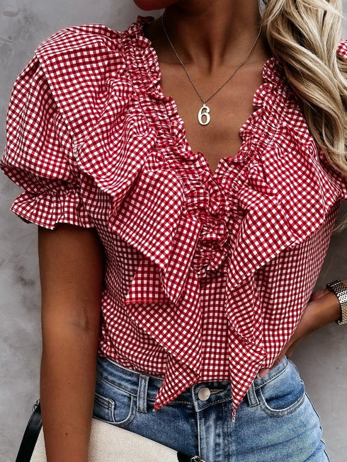 plaid-short-sleeve-v-neck-lotus-leaf-blouses