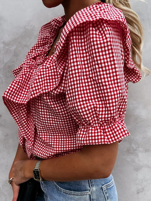 plaid-short-sleeve-v-neck-lotus-leaf-blouses