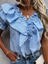 plaid-short-sleeve-v-neck-lotus-leaf-blouses