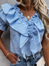 plaid-short-sleeve-v-neck-lotus-leaf-blouses
