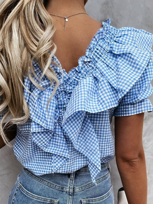 plaid-short-sleeve-v-neck-lotus-leaf-blouses