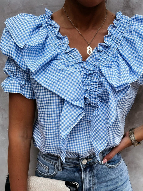 plaid-short-sleeve-v-neck-lotus-leaf-blouses