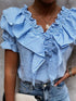 plaid-short-sleeve-v-neck-lotus-leaf-blouses