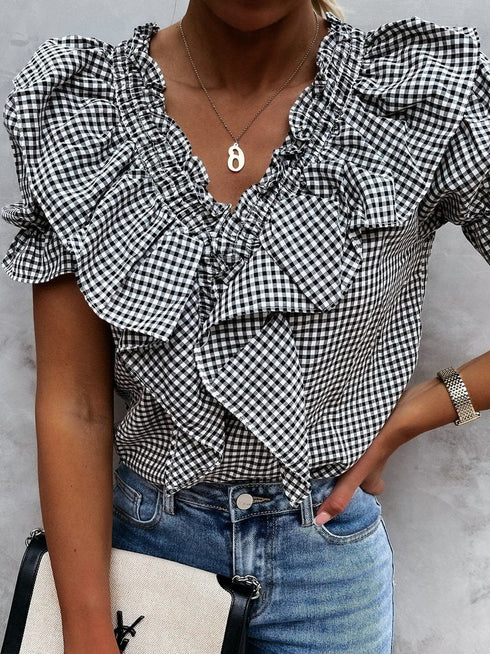 plaid-short-sleeve-v-neck-lotus-leaf-blouses