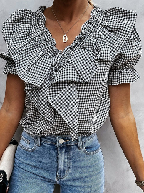 plaid-short-sleeve-v-neck-lotus-leaf-blouses