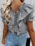 plaid-short-sleeve-v-neck-lotus-leaf-blouses