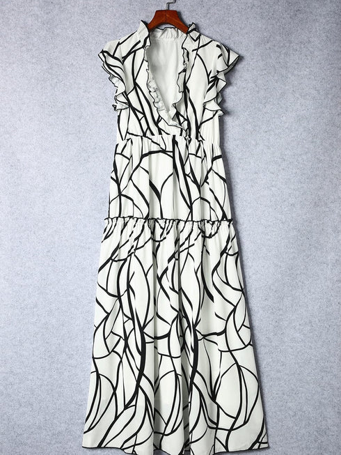 Abstract Vein Print V Neck Ruffle Maxi Dress in White