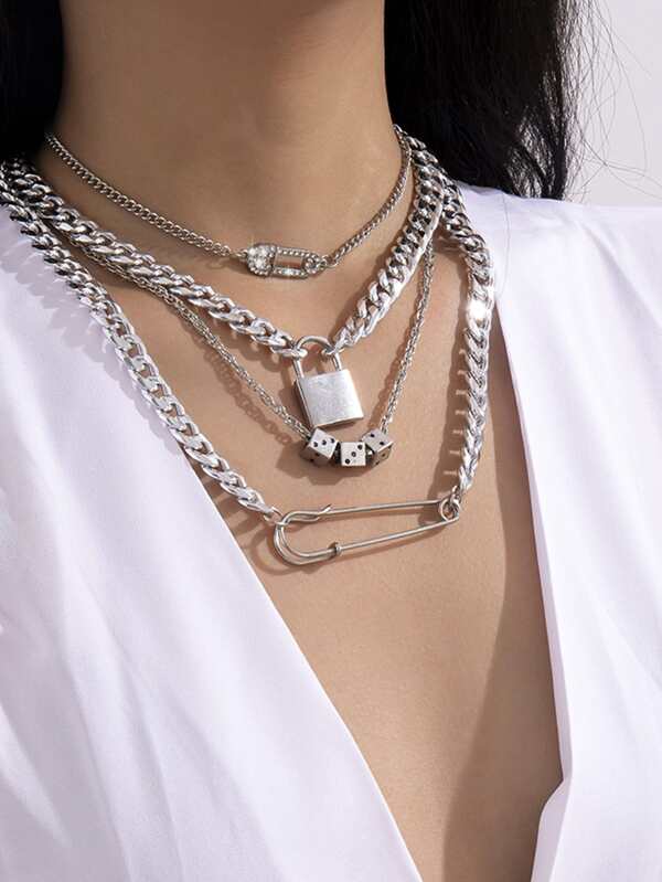 4pcs-lock-safety-pin-pendant-necklace
