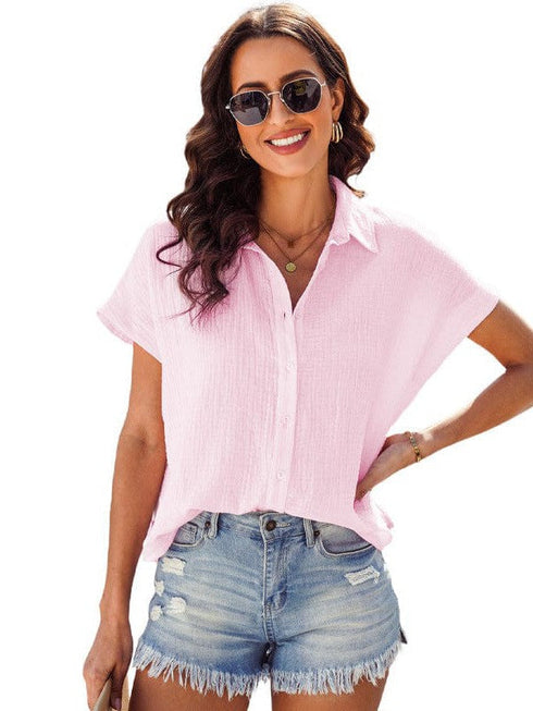 Casual Loose Short Sleeve Cotton Shirt in Solid Color for Women